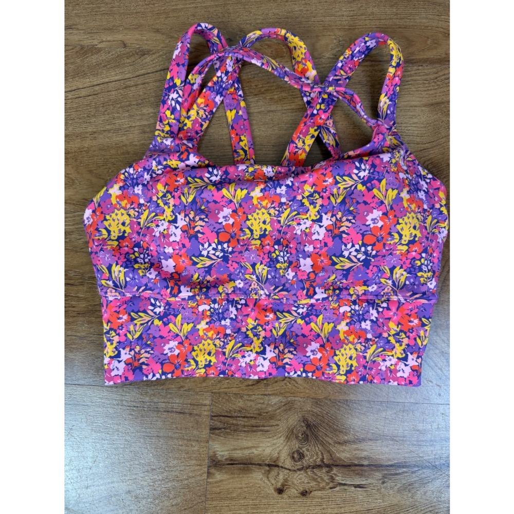 Senita Athletics Floral Strappy Racerback Sports Bra Purple Multi Medium Pocket